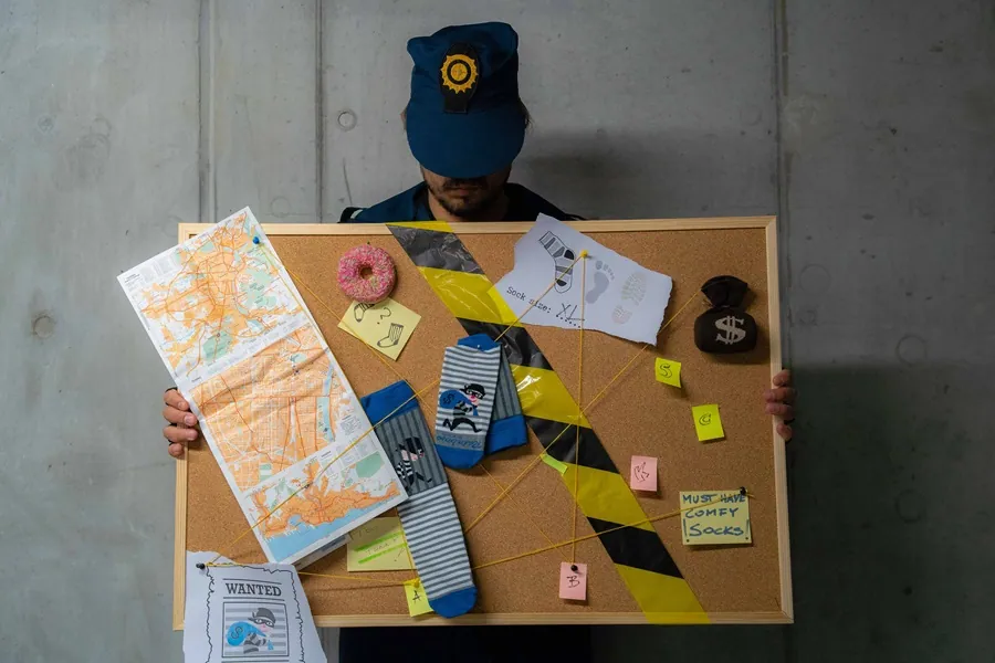 Foto mit dem Polizeibeamten, der die Tafel hält und nach der Antwort auf seine Fragen zu den Socken sucht