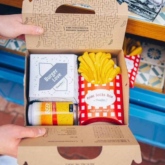 Meal Socken Box Burger Pommes Bier